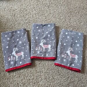 Arctic Holiday Christmas Hand Towels Set of 3 Reindeer Snowflake Gray Red Plush
